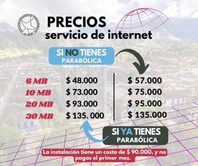 Listado de precios de paquetes del servicio de internet del sistema parabólico de Jardín